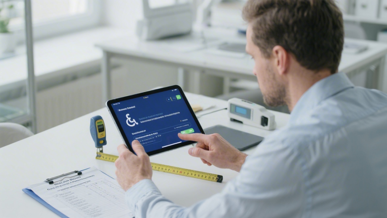Analyst conducting accessibility audit on tablet with screen reader settings, contrast measurement device, and compliance checklist referencing European regulations inside calm workplace.