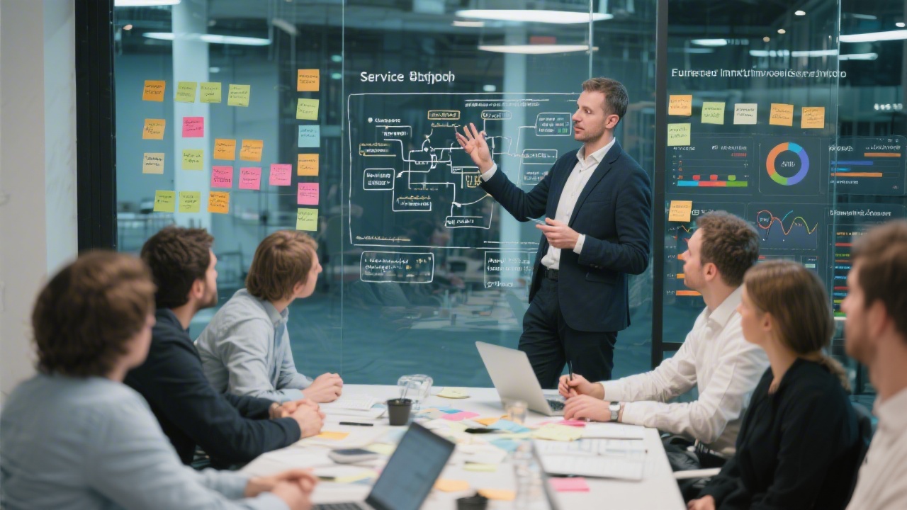 Facilitator presenting service blueprint on glass wall to product owners and developers during collaborative workshop with sticky notes, stakeholder priorities, and performance dashboards inside a modern European innovation hub.