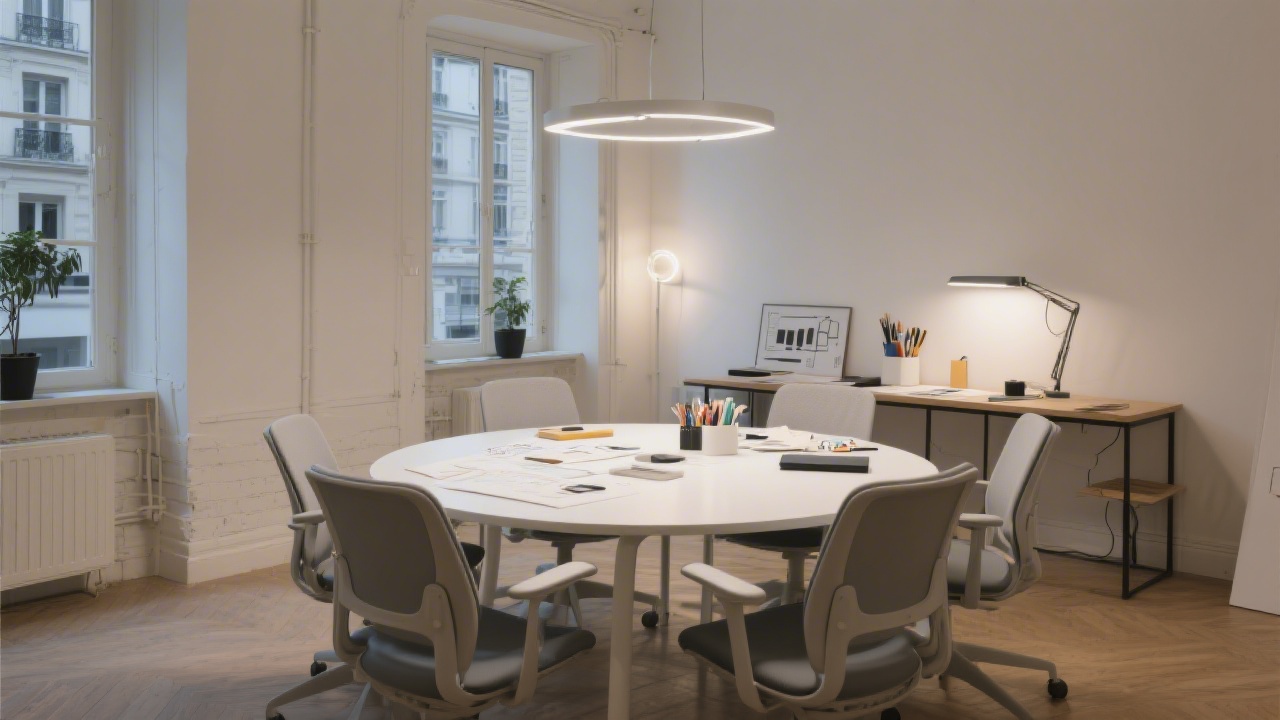 Minimalist meeting space with round table, ergonomic chairs, ambient lighting, and prototyping tools ready for client discovery session inside renovated Parisian design studio.