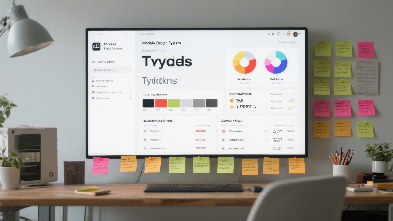 Large screen displaying modular design system documentation with typography tokens, color accessibility scores, responsive components, and governance checklist alongside organized sticky notes on glass desk.