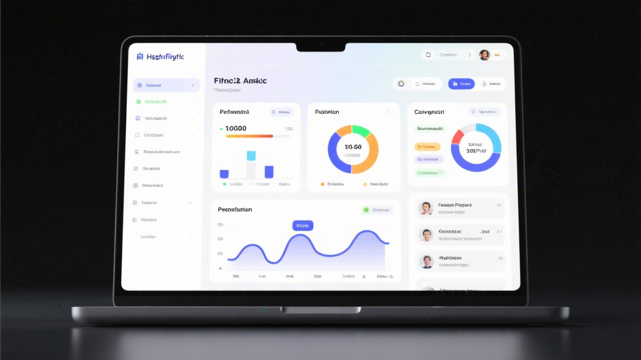 High fidelity fintech dashboard displayed on laptop with performance indicators, conversion funnels, personalization widgets, and collaboration comments from stakeholders highlighted in vibrant interface.