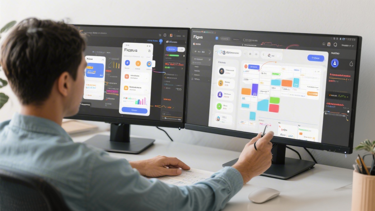 Product designer refining interactive prototype on dual monitors with Figma components, accessibility annotations, and responsiveness guidelines while aligning micro-interactions with analytics-driven iteration roadmap.