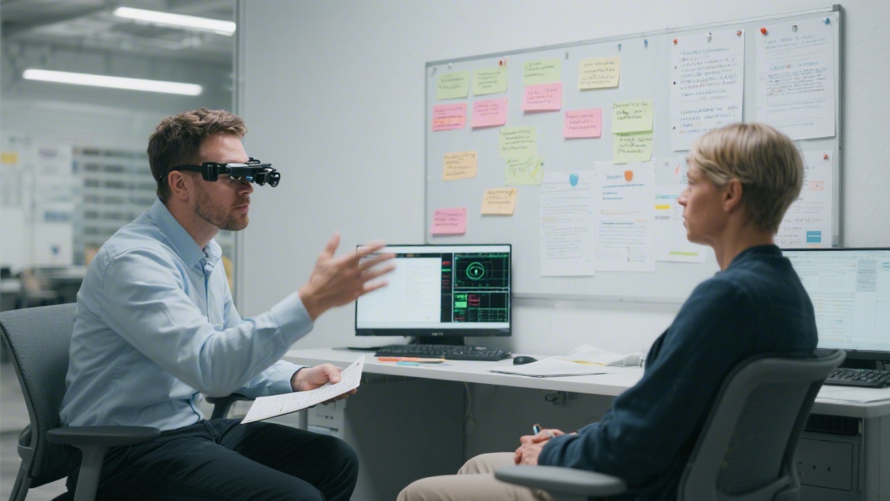 UX researcher interviewing customer in usability lab with recorded eye tracking data, conversation scripts, and observation board capturing journey pain points for iterative interface experiments.