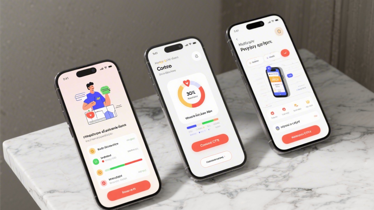 Three smartphone screens showcasing retail mobile app flows with onboarding illustrations, loyalty analytics, contextual CTAs, and localized language options presented on marble workspace.