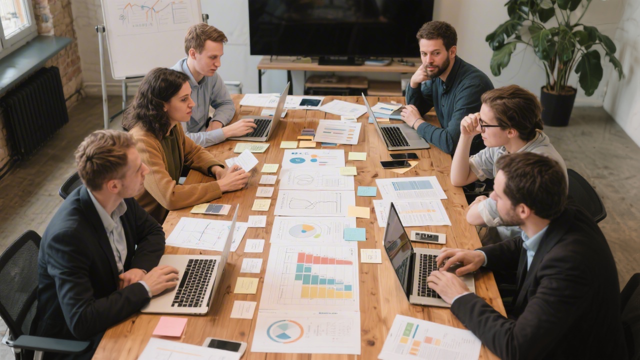 Group of strategists reviewing product metrics around large oak table covered with laptops, insight cards, wireframes, and printed customer segments during roadmap planning session.