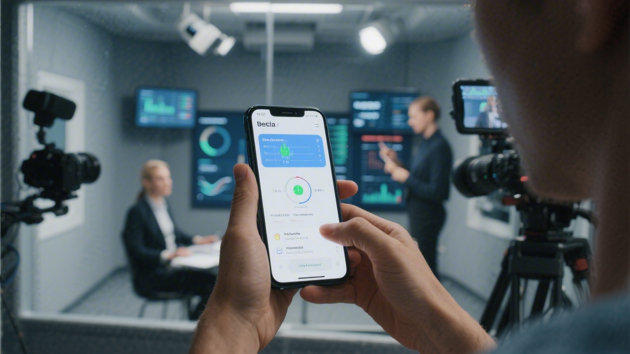 Participant navigating beta mobile app on smartphone while moderator captures biometric feedback, session notes, and performance benchmarks inside observation room equipped with cameras and real-time dashboards.